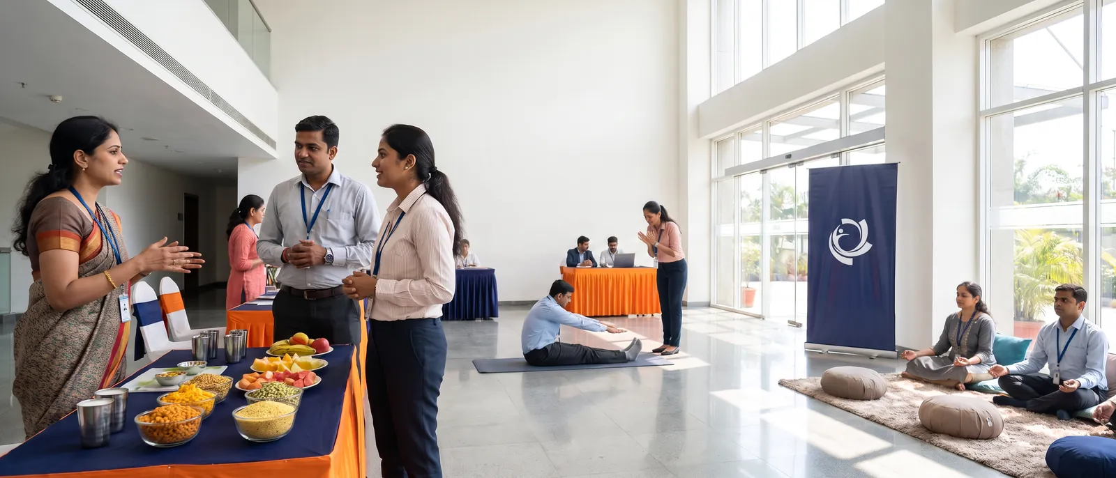 Employees visiting nutrition, fitness and mindfulness stations at a company health fair