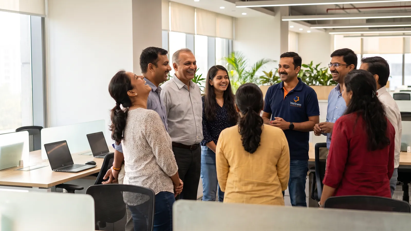 Colleagues laughing together during an employee engagement activity in an Indian office