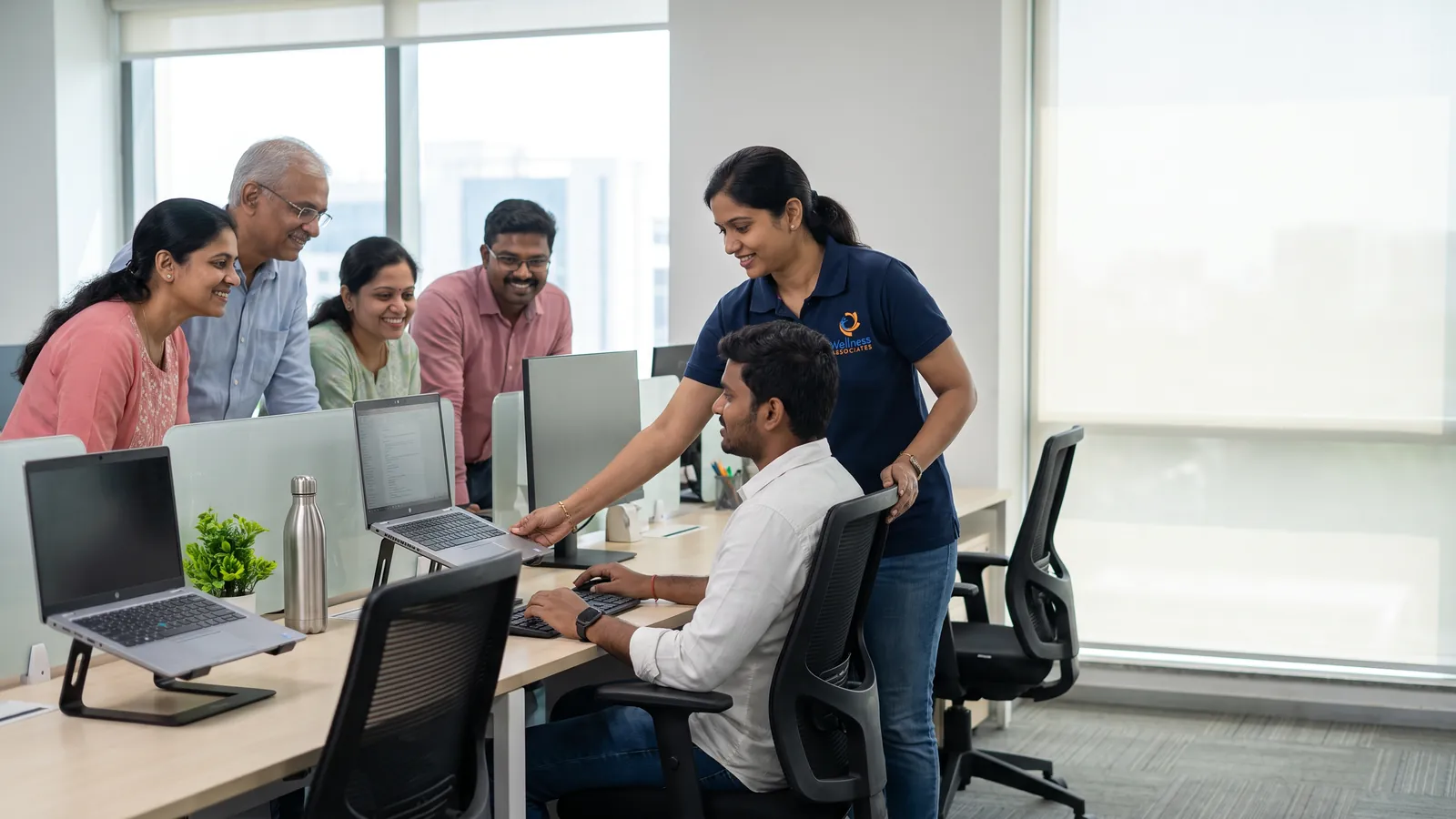 Facilitator showing employees healthy desk posture during an employee health and wellness activity
