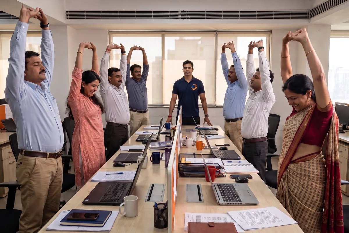 Employees doing a guided stretch break at their desks as a health and safety activity