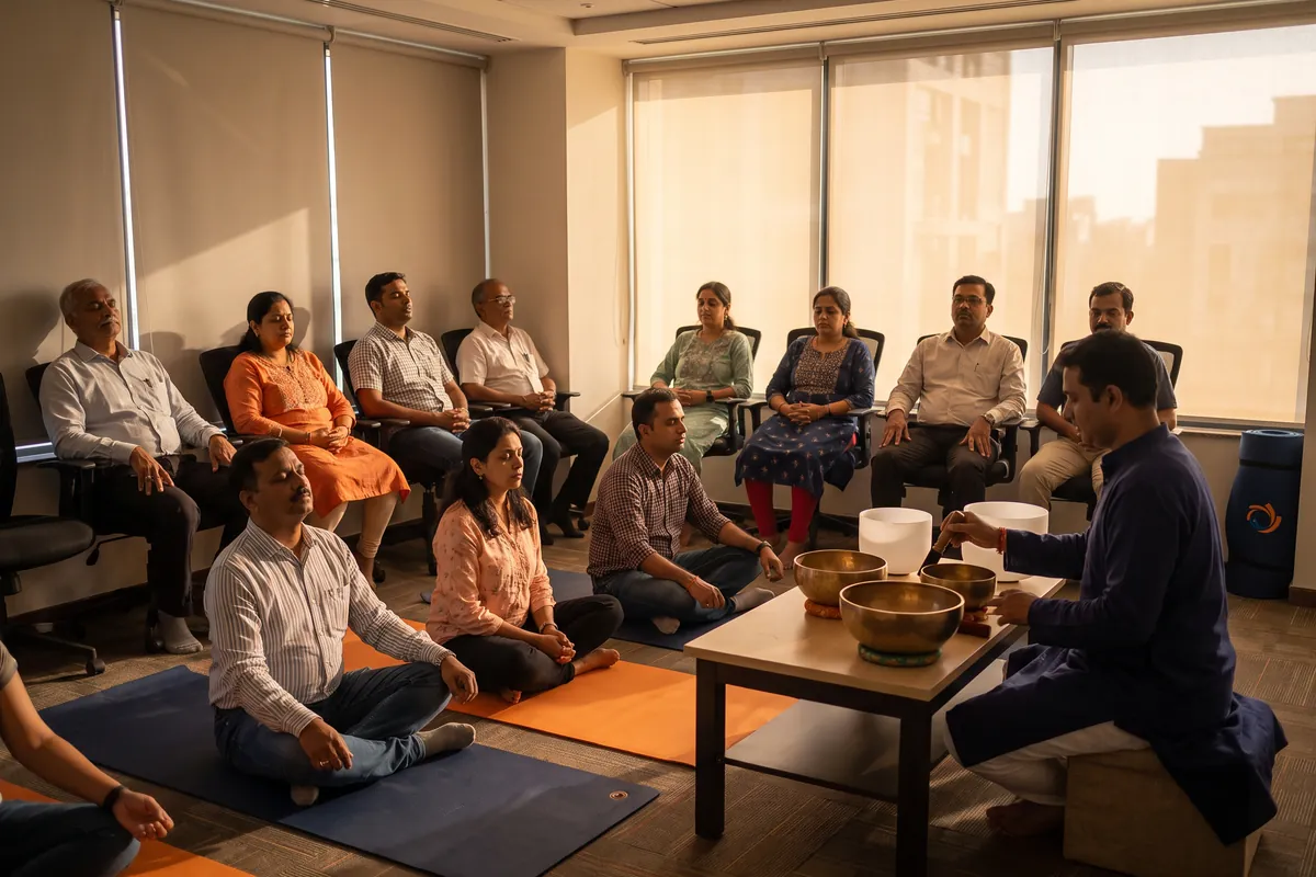 Employees relaxing with eyes closed during a sound bath meditation at work