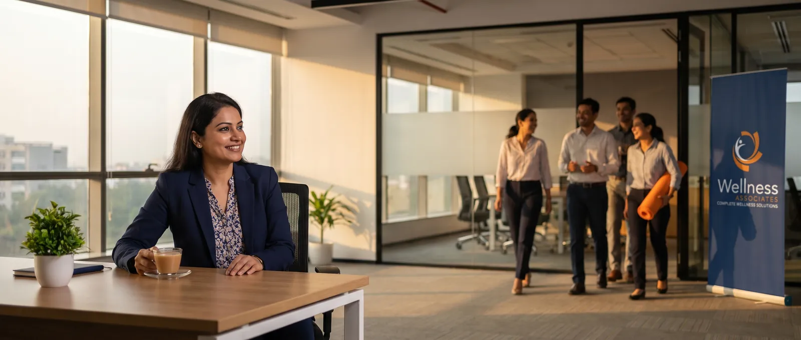 HR manager relaxed at her desk while colleagues walk out of a wellness session smiling