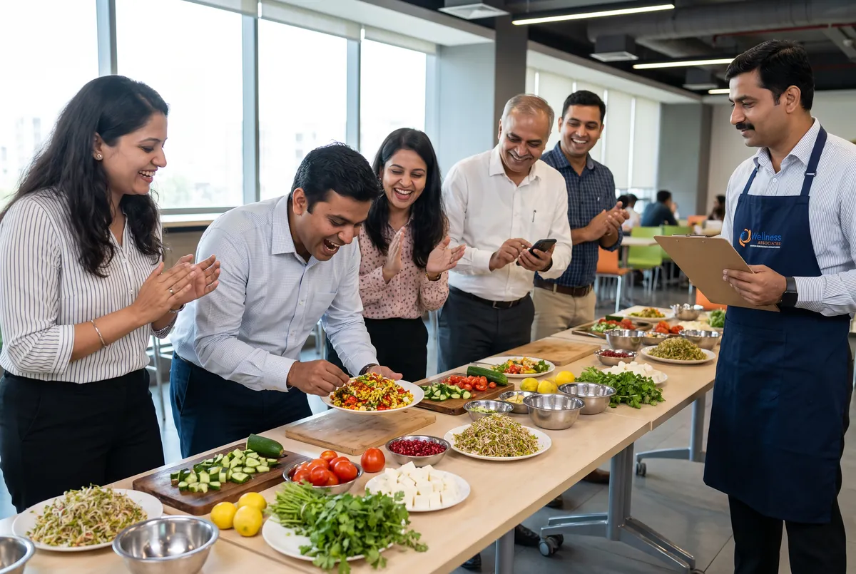 Office team competing in a Mini Master Chef team building activity in the cafeteria